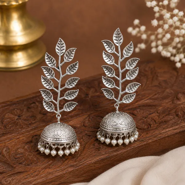 RIVAH_Oxidised_Silver-Plated_Leaf_Design_Jhumka_Earrings_with_Pearl_Drops_for_Women