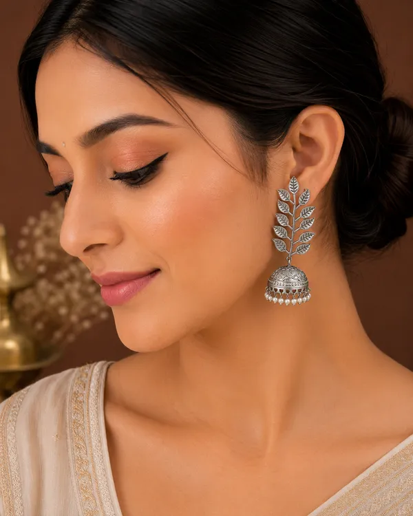 RIVAH_Oxidised_Silver-Plated_Leaf_Design_Jhumka_Earrings_with_Pearl_Drops_for_Women