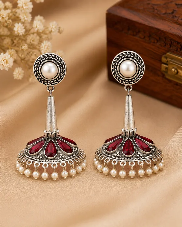 RIVAH_Oxidised_Silver-Plated_Ruby_Red_Stone_&_Pearl_Jhumka_Earrings_for_Women