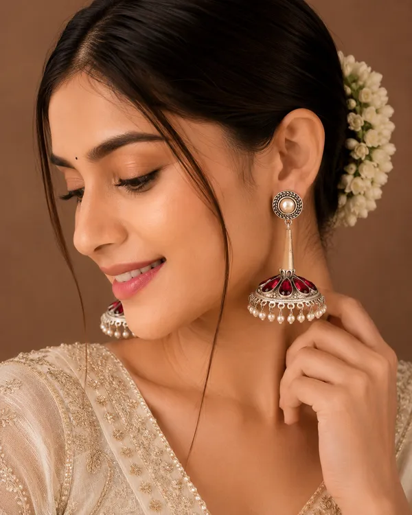 RIVAH_Oxidised_Silver-Plated_Ruby_Red_Stone_&_Pearl_Jhumka_Earrings_for_Women