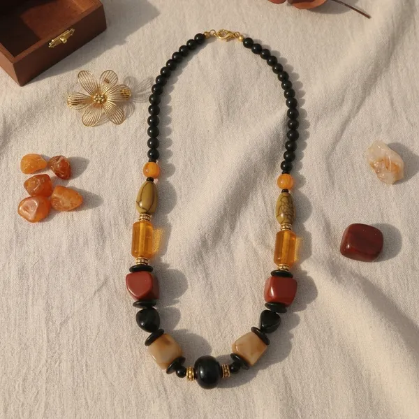 Mixed_Material_Black,_Amber,_Brown_Resin_Beaded_Necklace_Dori_Necklace