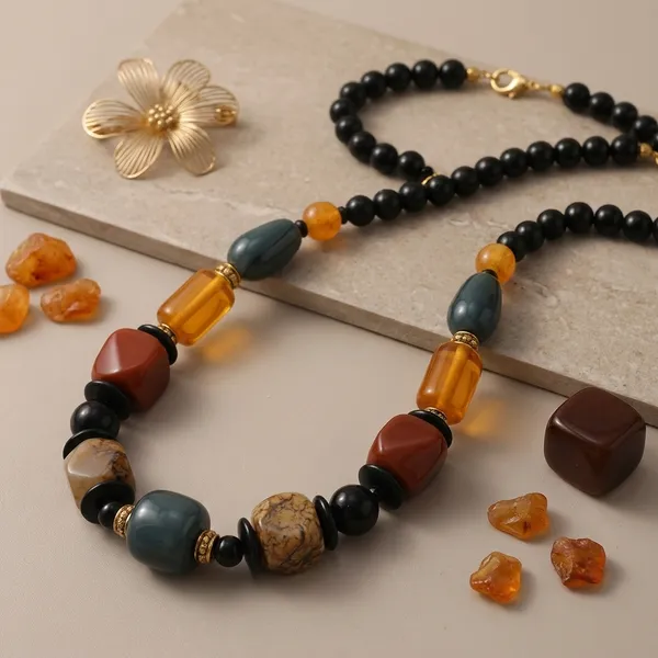 Mixed_Material_Black,_Amber,_Brown_Resin_Beaded_Necklace_Dori_Necklace