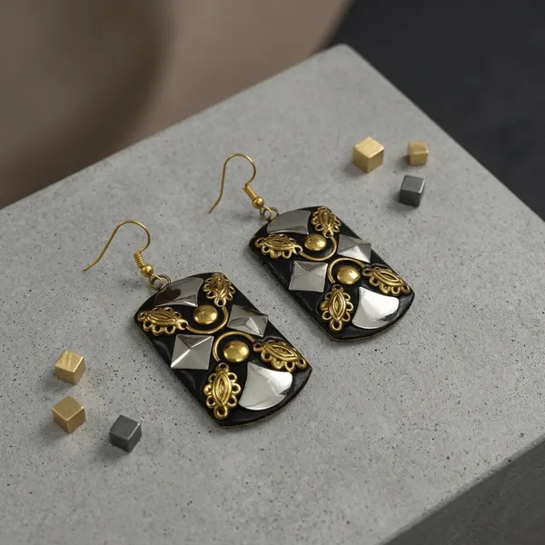 Black_Resin_Earrings_With_Golden_And_Silver-Tone_Embellishments_Metal_Drops_And_Danglers