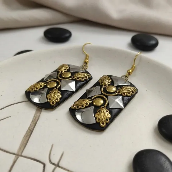 Black_Resin_Earrings_With_Golden_And_Silver-Tone_Embellishments_Metal_Drops_And_Danglers