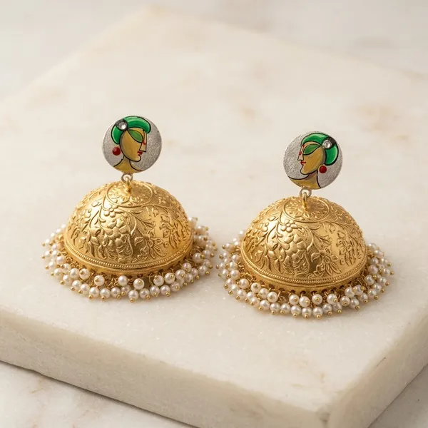 Gold-Tone_Handcrafted_Dome_Jhumka_Earrings_With_Pearl_Fringe_And_Hand-Painted_Stud_Metal_Jhumki_Earring