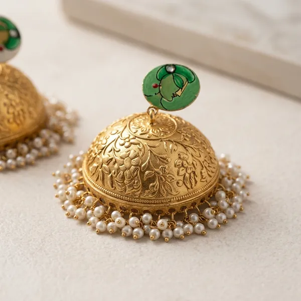 Gold-Tone_Handcrafted_Dome_Jhumka_Earrings_With_Pearl_Fringe_And_Hand-Painted_Stud_Metal_Jhumki_Earring