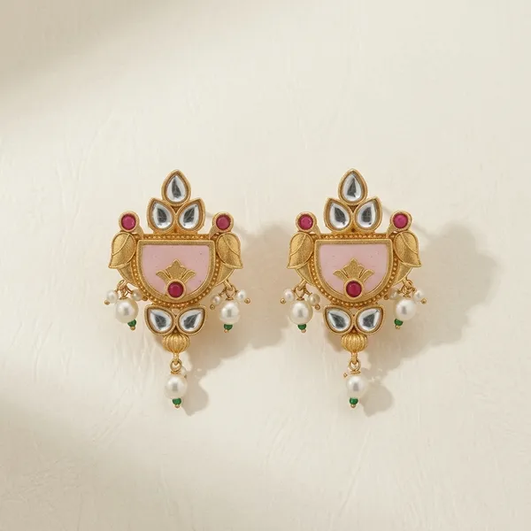 Gold-Tone_Pearl_Drop_Earrings_With_Pink_Enamel_Detailing_Alloy_Drops_And_Danglers