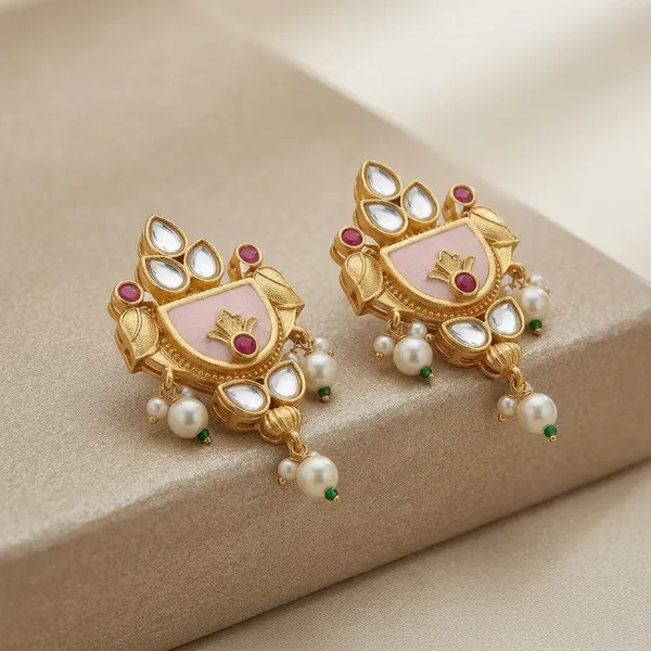Gold-Tone_Pearl_Drop_Earrings_With_Pink_Enamel_Detailing_Alloy_Drops_And_Danglers
