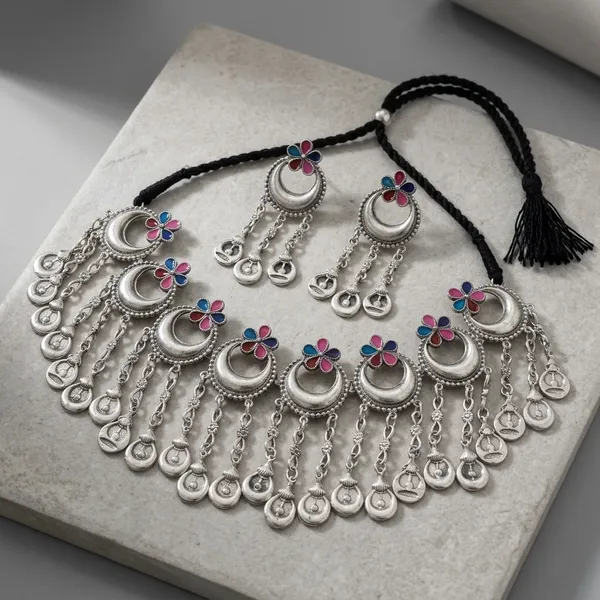 Enamel_Floral_Crescent_Oxidized_Silver_Choker_Set_Oxidised_Silver_Necklace_Set