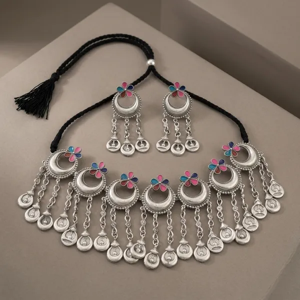Enamel_Floral_Crescent_Oxidized_Silver_Choker_Set_Oxidised_Silver_Necklace_Set