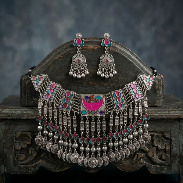 Bohemian_Oxidized_Silver_Choker_Set_With_Multi-Color_Meenakari_Work_Alloy_Necklace_Set