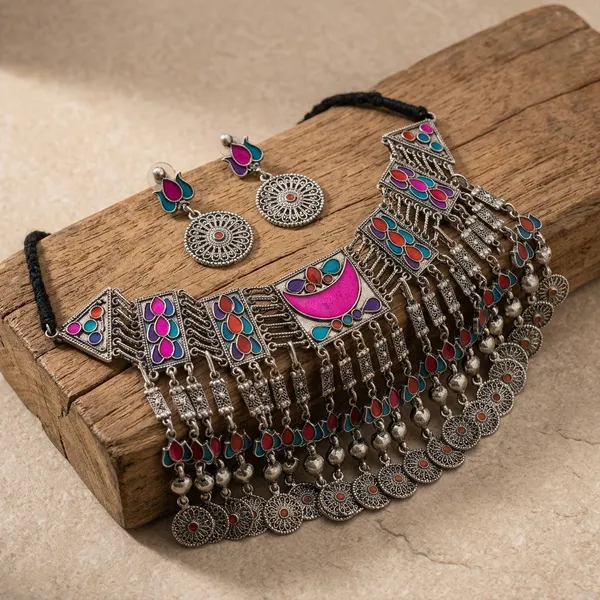 Bohemian_Oxidized_Silver_Choker_Set_With_Multi-Color_Meenakari_Work_Alloy_Necklace_Set