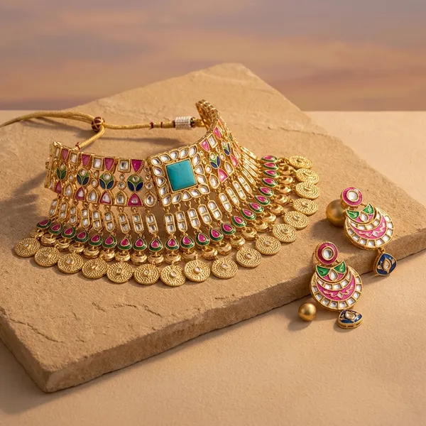 Royal_Kundan_Meenakari_Choker_Necklace_Set_With_Multicolor_Drops_Alloy_Necklace_Set