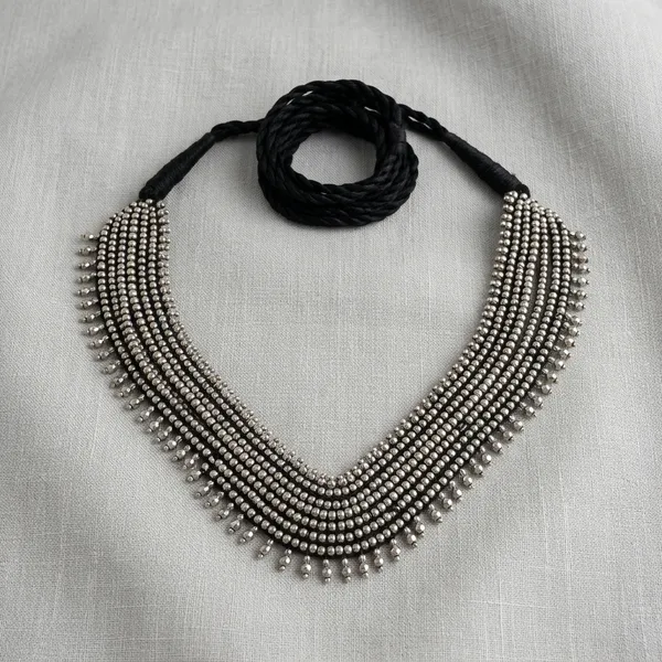 Elegant_Multi-Layer_Silver_Beaded_Choker_Necklace_With_Fringe_Detailing_Beads_Alloy_Choker