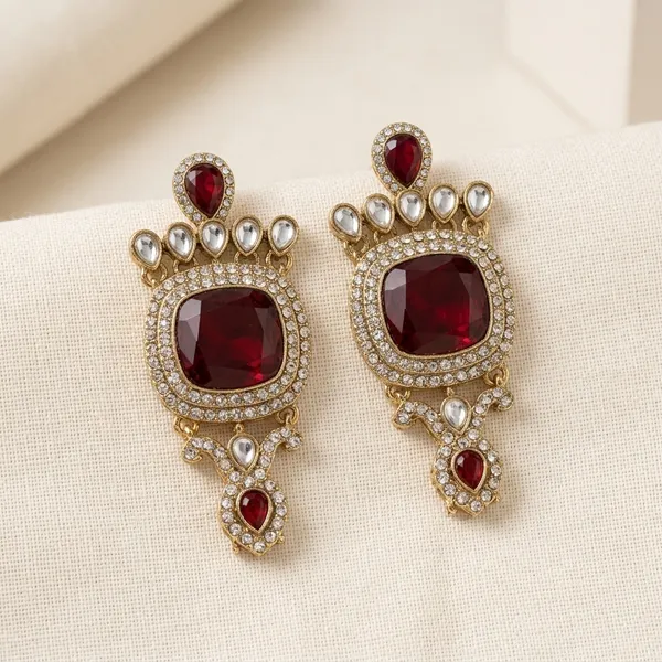Emerald_Mehroon_Statement_Stud_Earrings_With_Crystal_Halo_Design_Alloy_Drops_And_Danglers,_Jhumki_Earring,_Stud_Earring