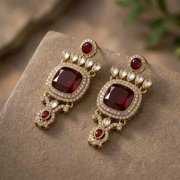 Emerald_Mehroon_Statement_Stud_Earrings_With_Crystal_Halo_Design_Alloy_Drops_And_Danglers,_Jhumki_Earring,_Stud_Earring
