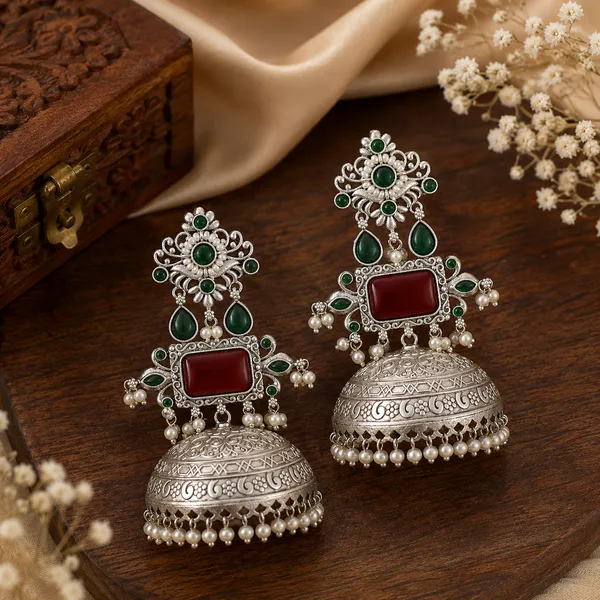 Rivah_Oxidised_Silver-Tone_Traditional_Jhumka_Earrings_with_Red_&_Green_Stone_and_Pearl_Detailing