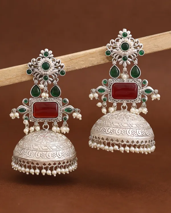 Rivah_Oxidised_Silver-Tone_Traditional_Jhumka_Earrings_with_Red_&_Green_Stone_and_Pearl_Detailing