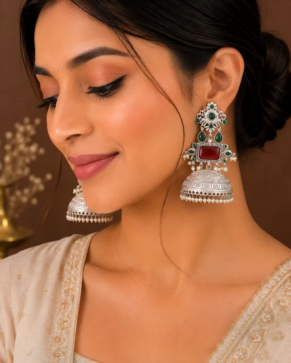 Rivah_Oxidised_Silver-Tone_Traditional_Jhumka_Earrings_with_Red_&_Green_Stone_and_Pearl_Detailing