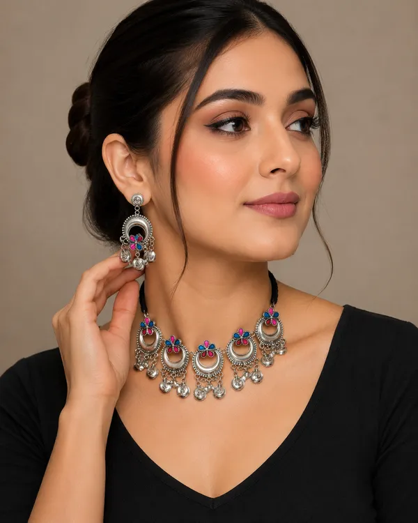 Rivah_Royal_Enamel_Chandbali_Silver-Tone_Choker_Set