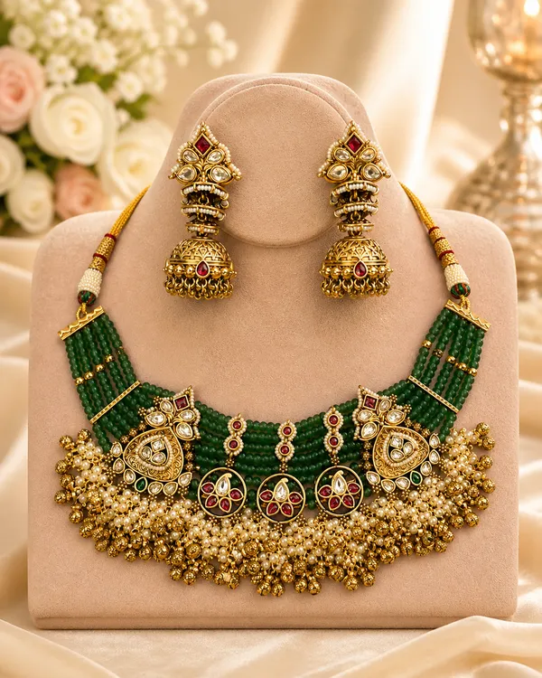 Green_Kundan_Polki_Emerald_Bead_Choker_Set_For_Women