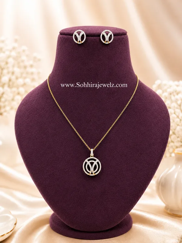 Gold_Cubic_Zirconia_Circular_Pendant_Necklace_Set_For_Women