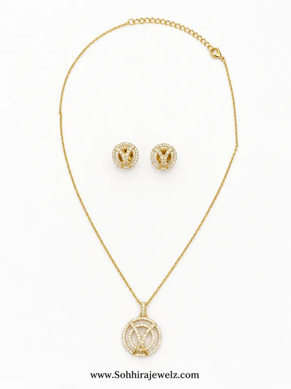 Gold_Cubic_Zirconia_Circular_Pendant_Necklace_Set_For_Women
