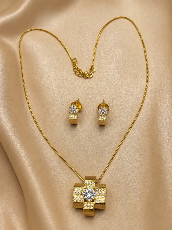 Golden_Cubic_Zirconia_Cross_Geometric_Pendant_&_Earring_Set_For_Women