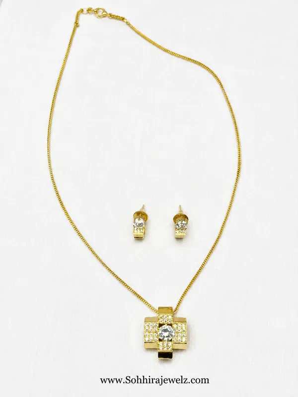 Golden_Cubic_Zirconia_Cross_Geometric_Pendant_&_Earring_Set_For_Women