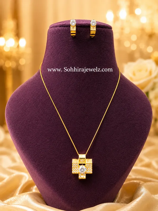 Golden_Cubic_Zirconia_Cross_Geometric_Pendant_&_Earring_Set_For_Women