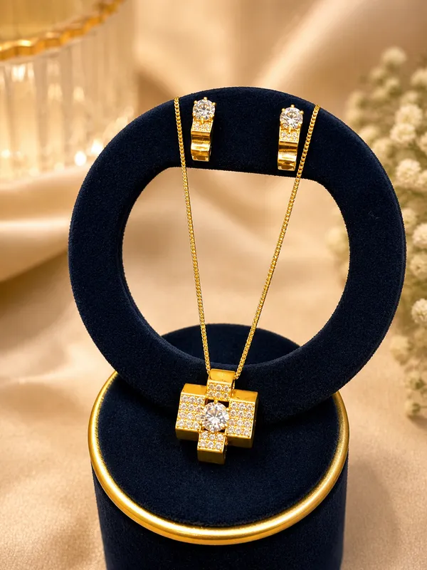 Golden_Cubic_Zirconia_Cross_Geometric_Pendant_&_Earring_Set_For_Women