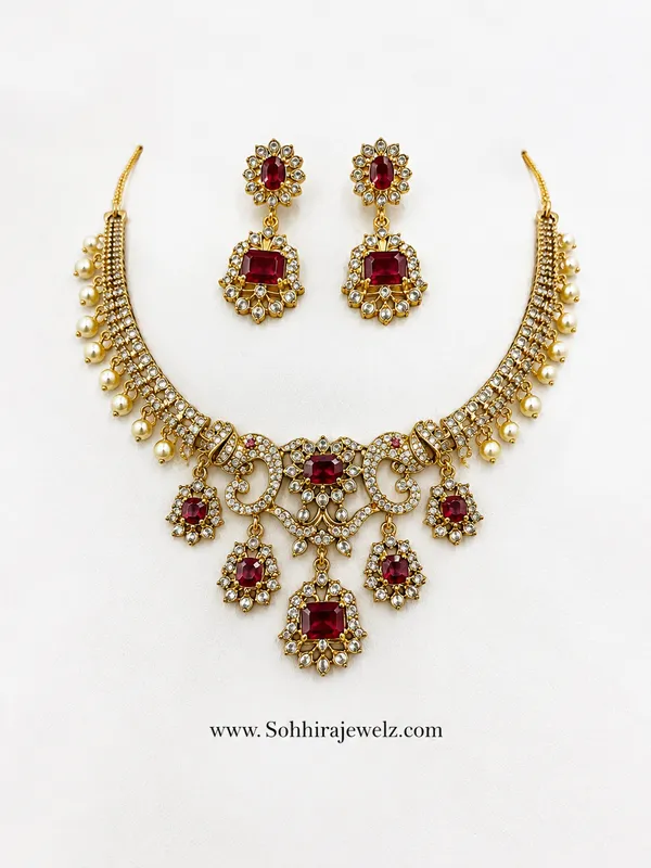 Red_Pearl_Gold-Tone_Ruby_Cushion-Cut_Pearl_Drop_Necklace_Set_For_Women