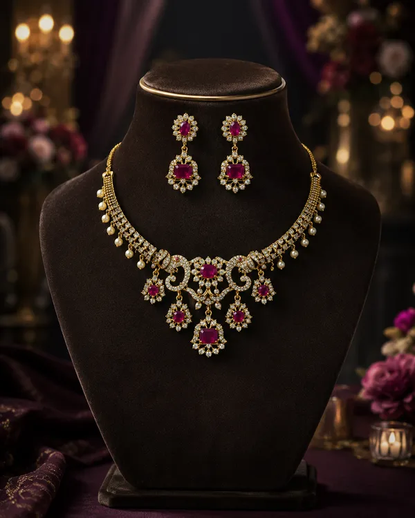 Red_Pearl_Gold-Tone_Ruby_Cushion-Cut_Pearl_Drop_Necklace_Set_For_Women