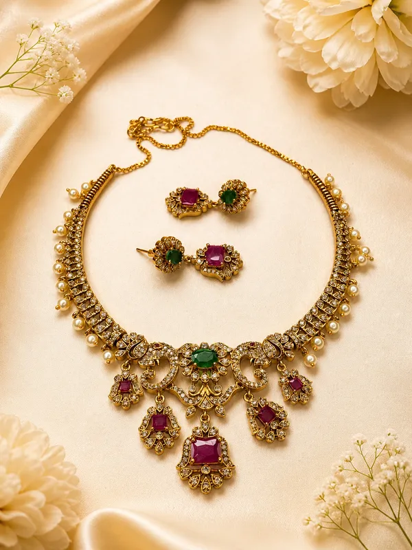 Green_Emerald_Ruby_Pearl_Antique_Polki_Necklace_Set_For_Women