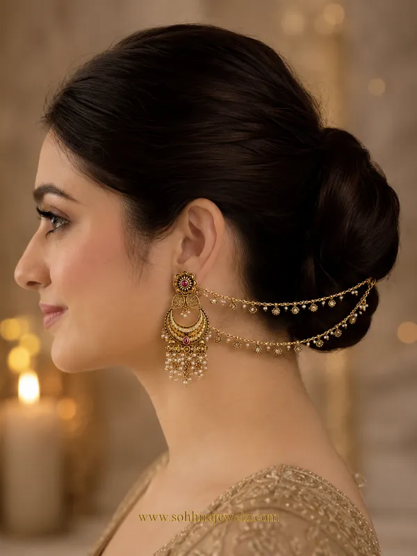 Pearl_White_Pearl_Antique_Gold_Chandbali_Hair_Chain_Earrings_For_Women