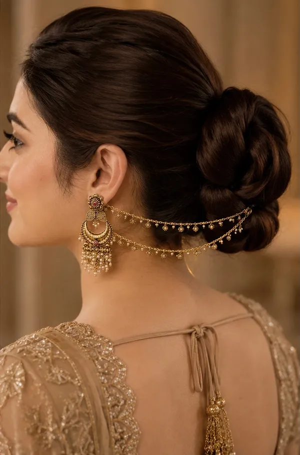 Pearl_White_Pearl_Antique_Gold_Chandbali_Hair_Chain_Earrings_For_Women