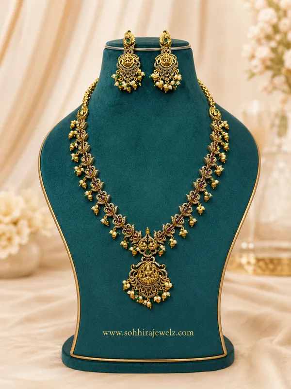 Multicolor_Gold-Plated_Temple_Lakshmi_Lotus_Long_Necklace_Set_For_Women