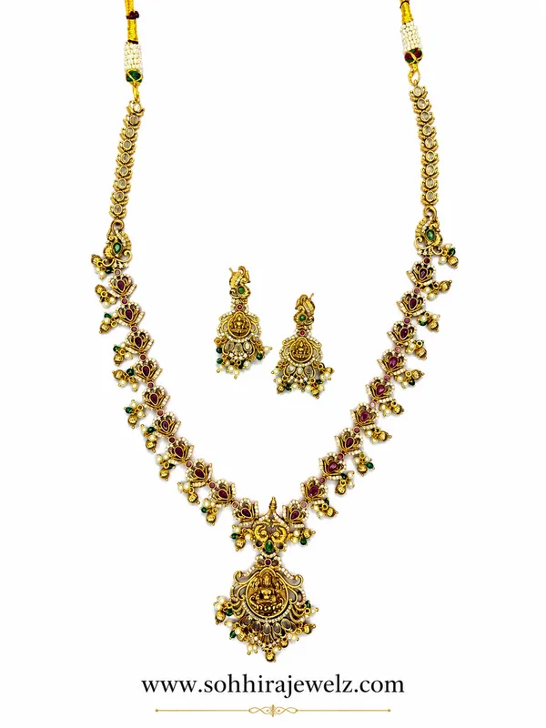 Multicolor_Gold-Plated_Temple_Lakshmi_Lotus_Long_Necklace_Set_For_Women