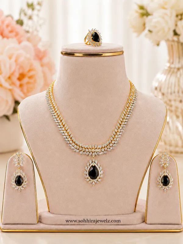 Black_Gold-Plated_Cz_Leaf_Onyx_Teardrop_Necklace_Set_For_Women