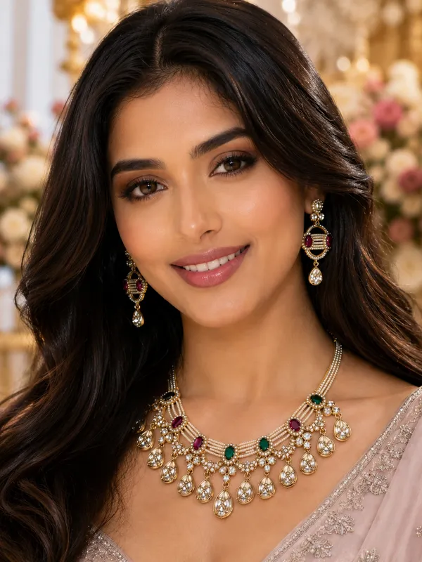 Multicolor_Gold-Plated_Pearl_Emerald_Ruby_Necklace_Set_For_Women
