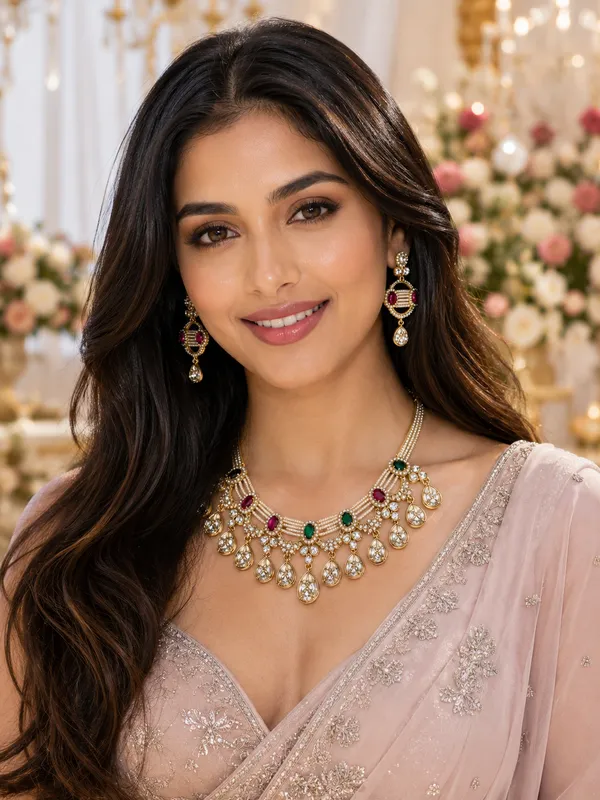 Multicolor_Gold-Plated_Pearl_Emerald_Ruby_Necklace_Set_For_Women