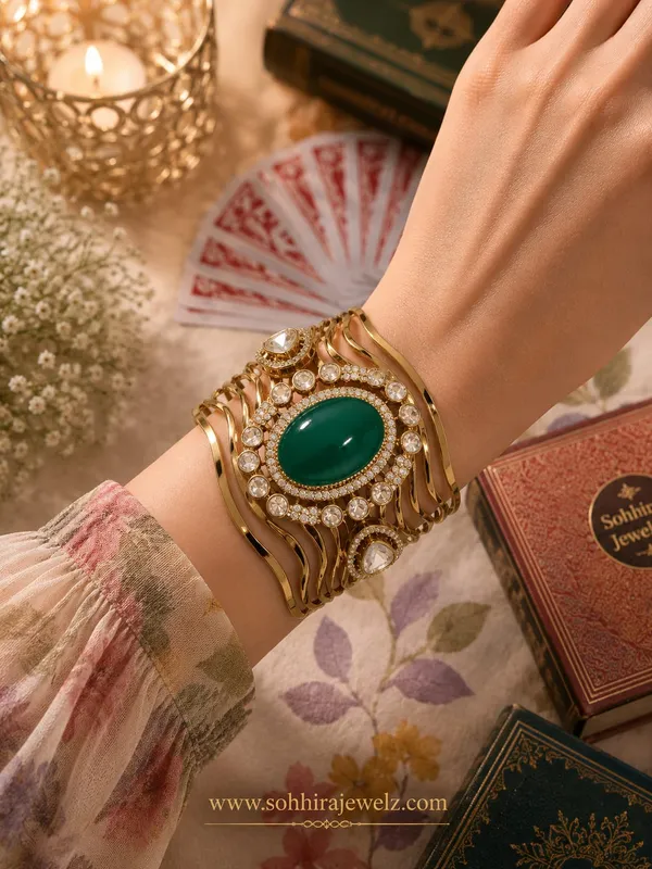 Green_Gold-Plated_Alloy_Wave_Emerald_Cuff_Bracelet_For_Women