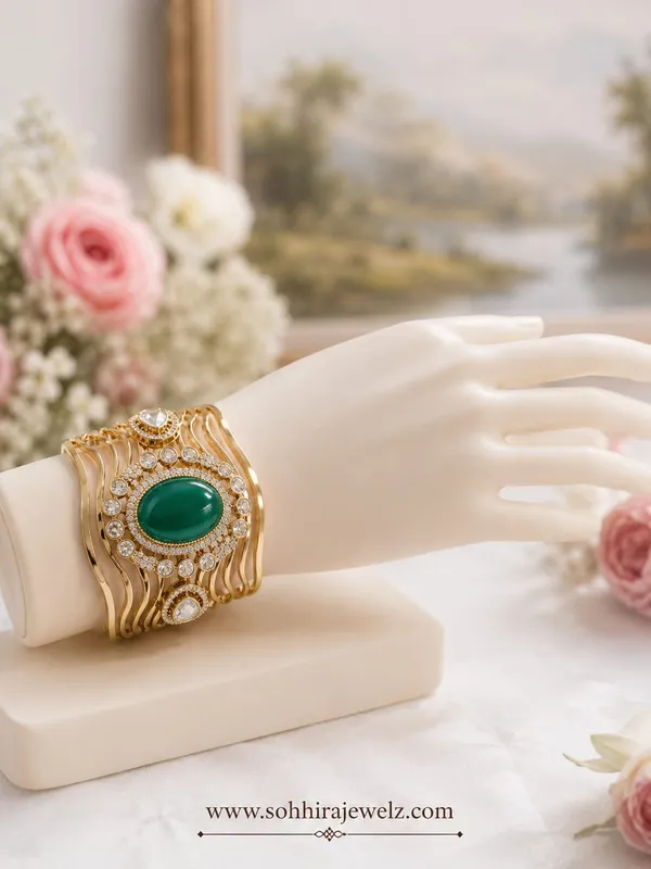 Green_Gold-Plated_Alloy_Wave_Emerald_Cuff_Bracelet_For_Women