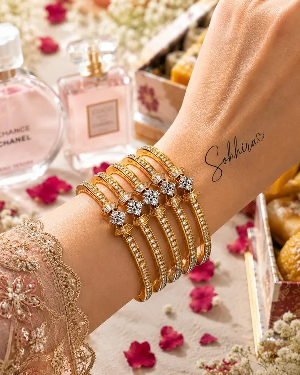 Golden_Cz_Diamond_Floral_Cluster_Eternity_Bangle_For_Women
