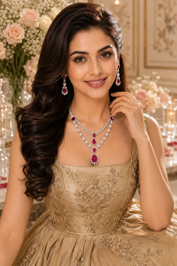 Red_Cz_Ruby_Pearl_Silver-Tone_Necklace_Set_For_Women