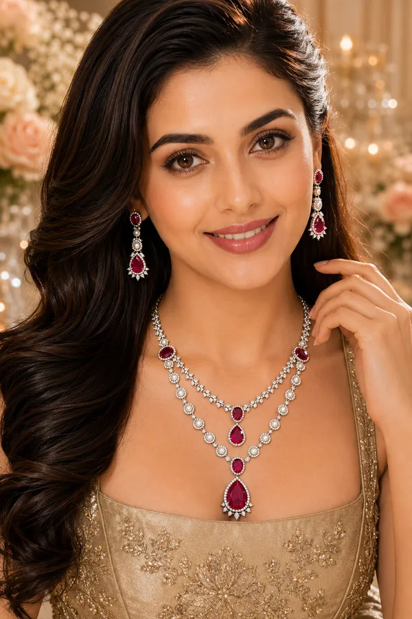 Red_Cz_Ruby_Pearl_Silver-Tone_Necklace_Set_For_Women