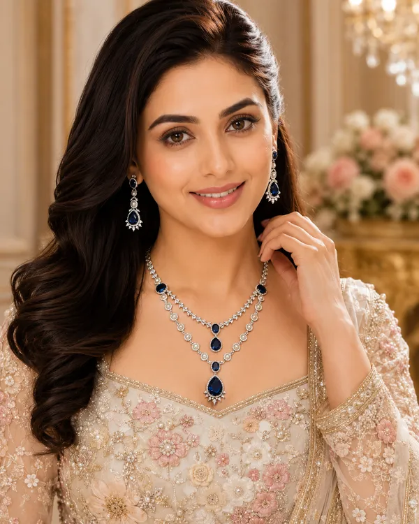 Blue_Cz_Sapphire_Pearl_Silver-Tone_Necklace_Set_For_Women