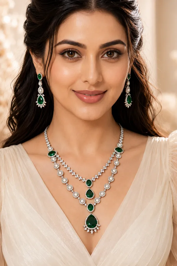 Green_Brass_Cz_Emerald_Double_Layer_Necklace_Set_For_Women