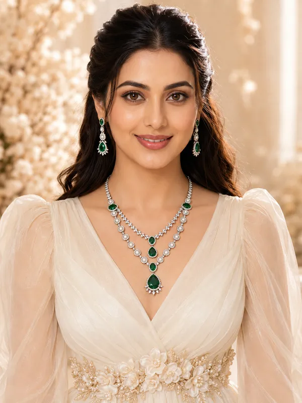 Green_Brass_Cz_Emerald_Double_Layer_Necklace_Set_For_Women