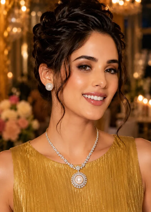 White_Gold-Plated_Pearl_Cz_Diamond_Cluster_Necklace_Set_For_Women